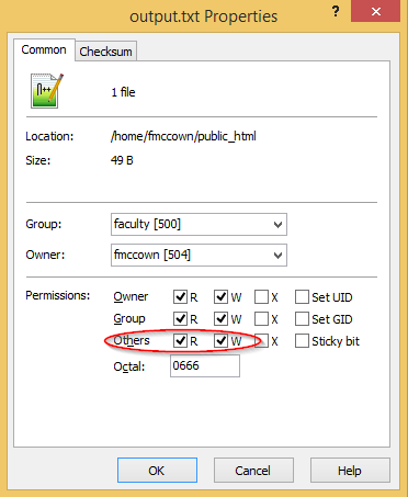Properties dialog box showing Others with write permission