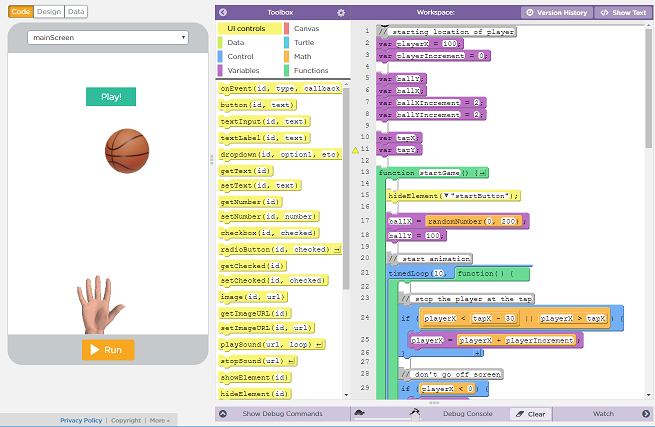 Screenshot of App Lab showing a basketball game with code blocks