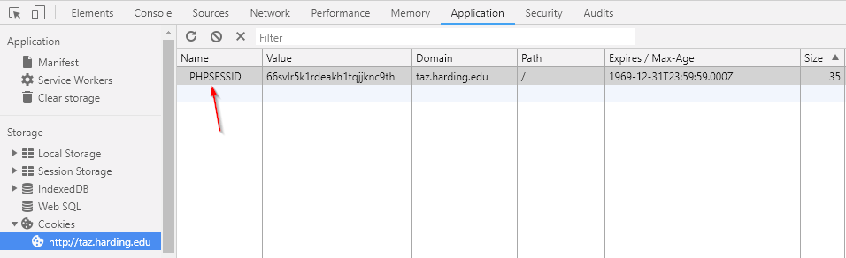 Screenshot of dev tools showing PHPSESSID cookie